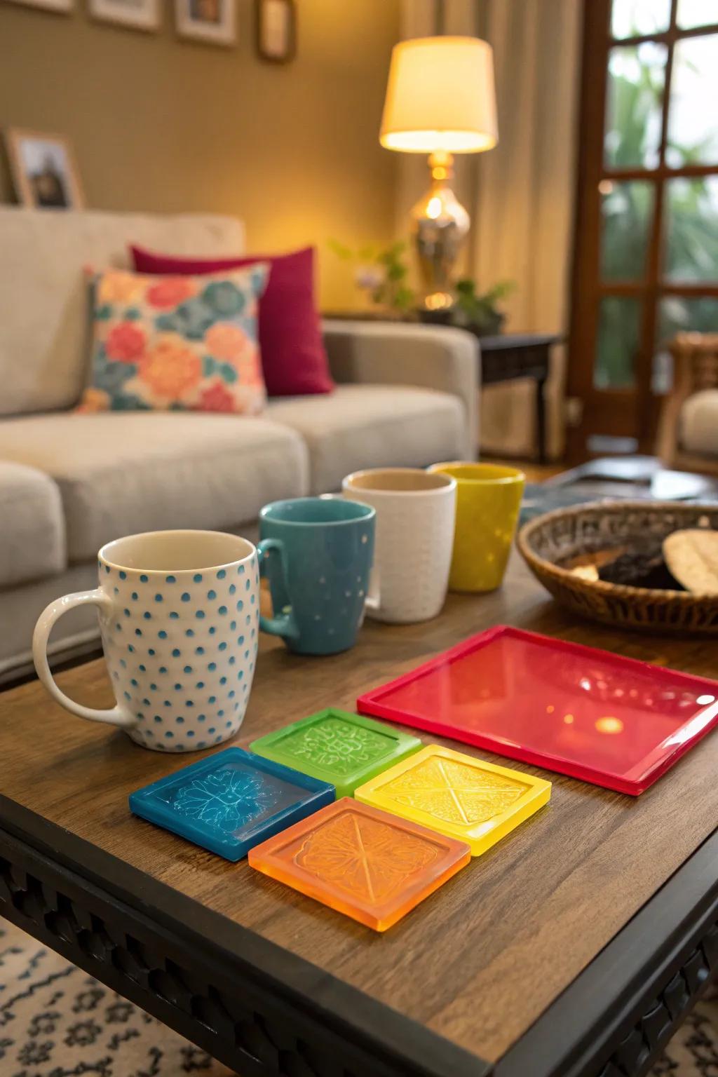 Acrylic coasters add color and protection to tabletops.