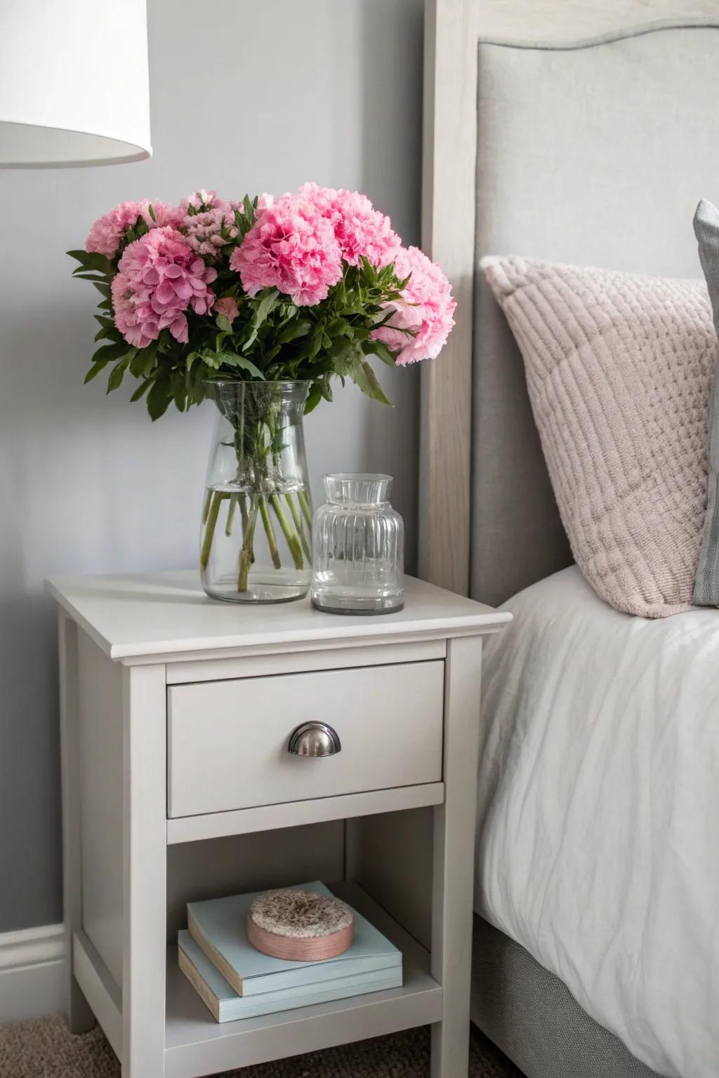 Pink floral arrangements add a touch of nature and color to the space.