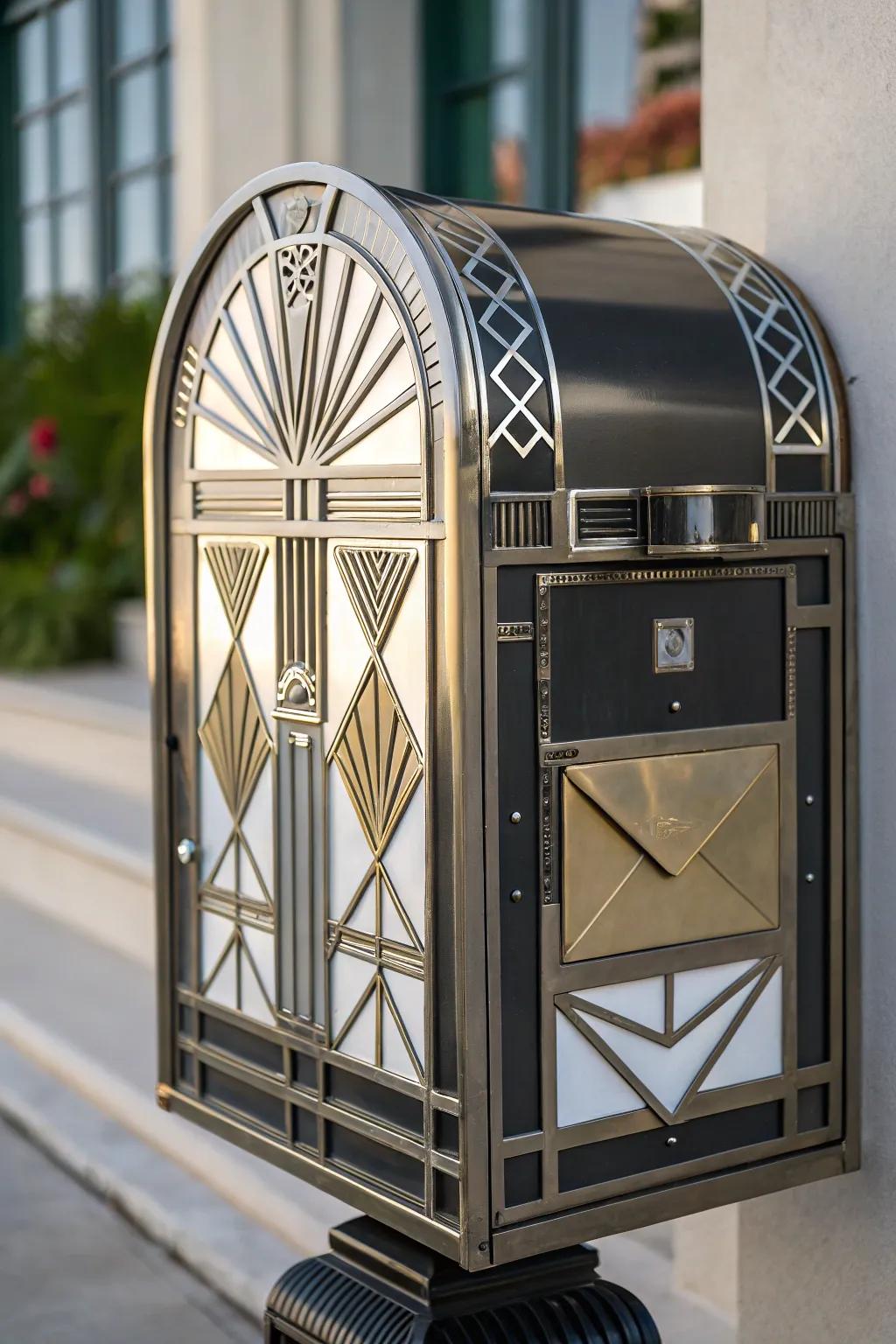 A glamorous Art Deco-inspired mailbox with metallic accents.