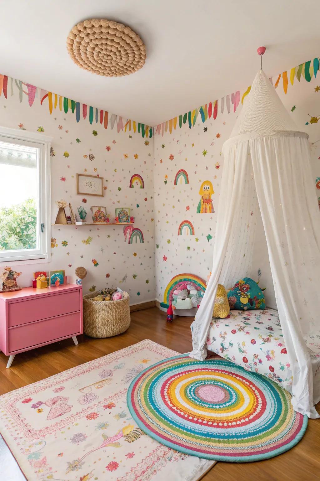 A children's room with whimsical wallpaper adding a playful touch.