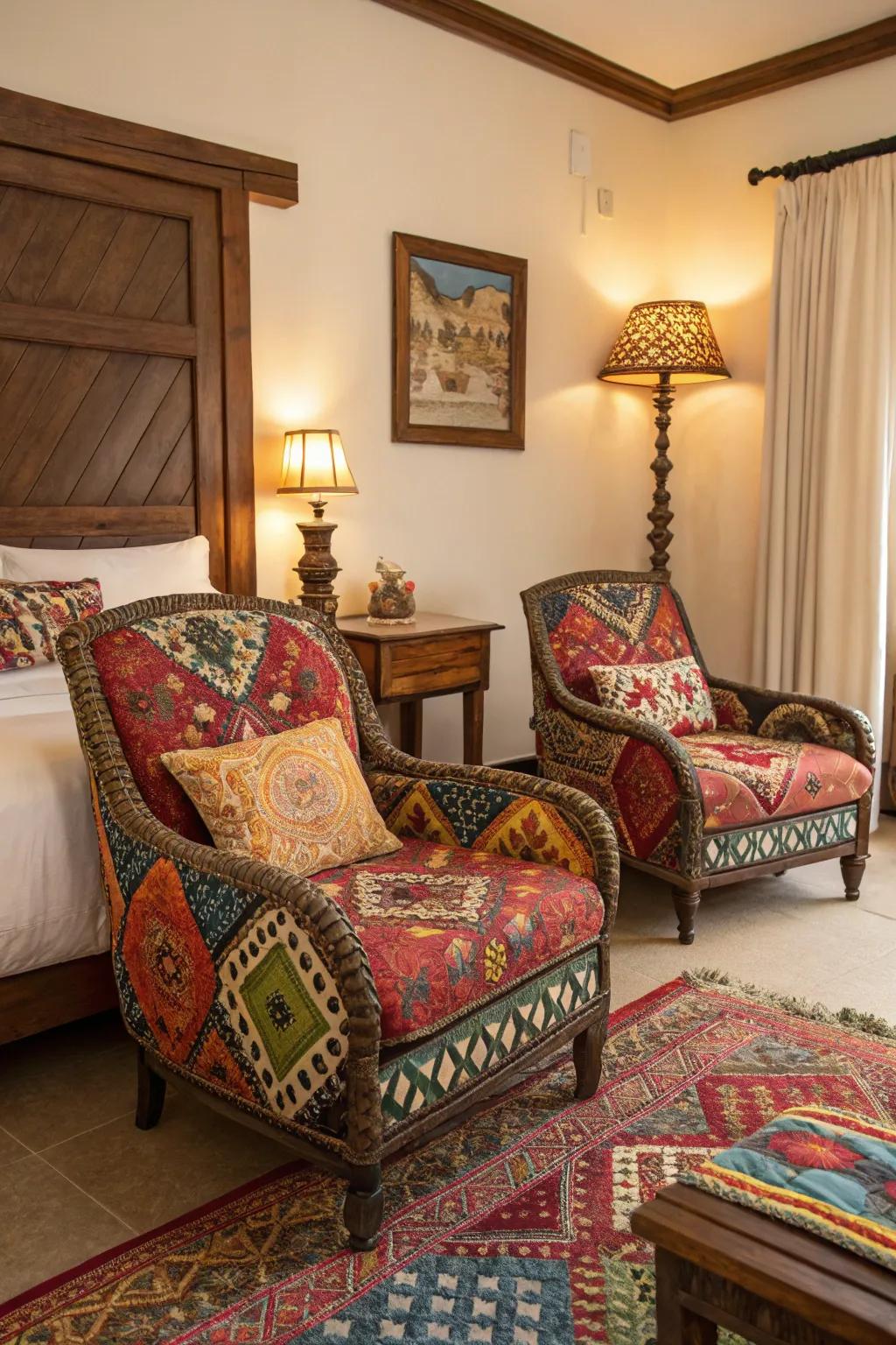 Vibrant ethnic upholstery adding a lively touch to a bedroom.