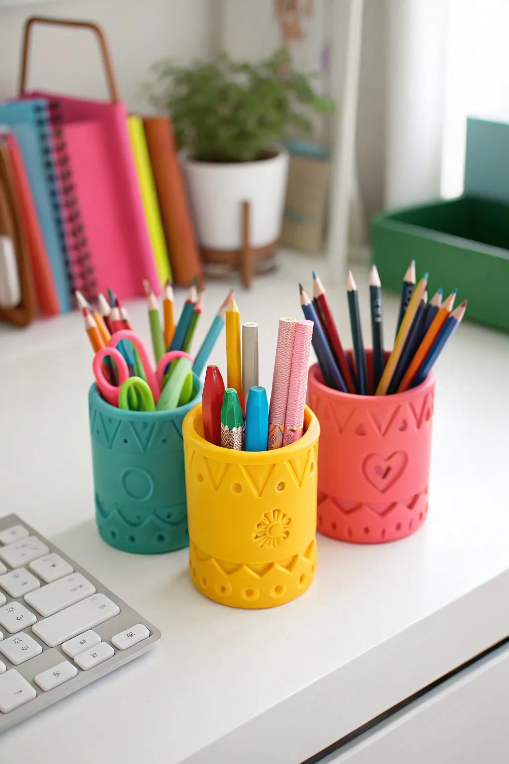 Brighten your workspace with charming air dry clay pencil holders.