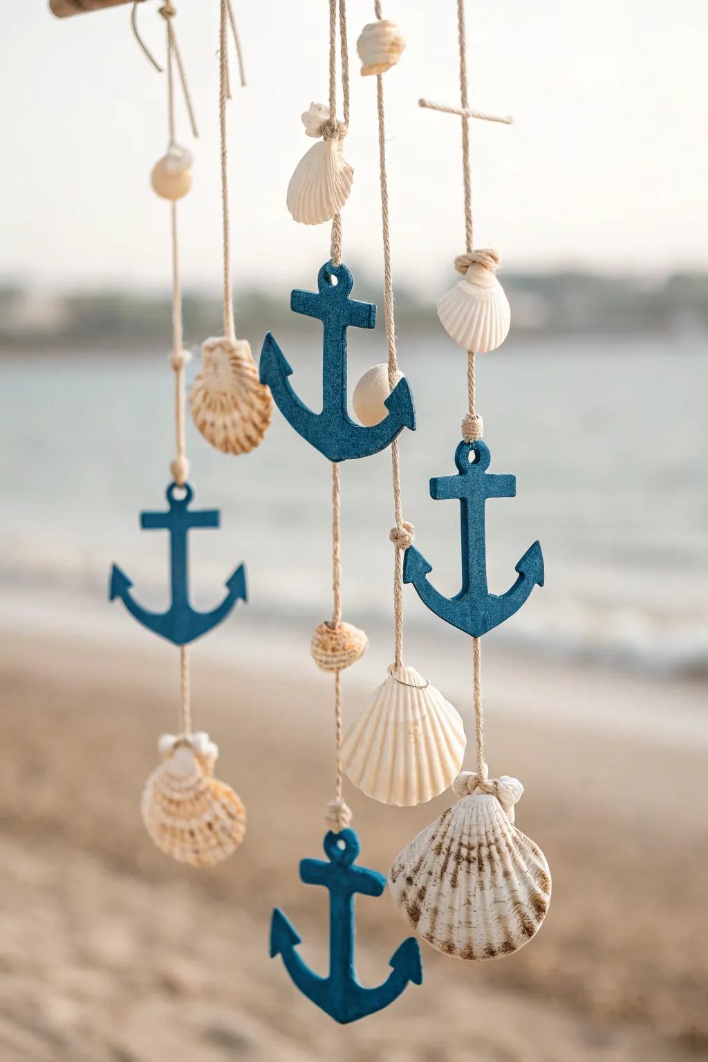 Embrace the serenity of the sea with this elegant anchor mobile, a perfect touch for your beach-themed sanctuary.