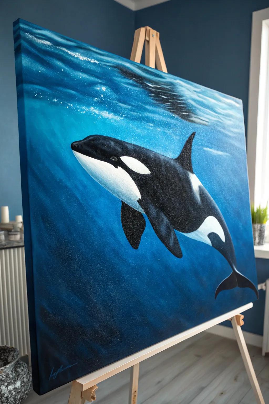 Dive into the elegance of the deep blue with this stunning orca artwork. Embrace the beauty of simplicity and nature.