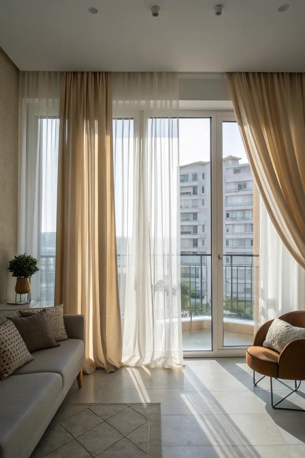 Create the illusion of height with high-hung curtains.