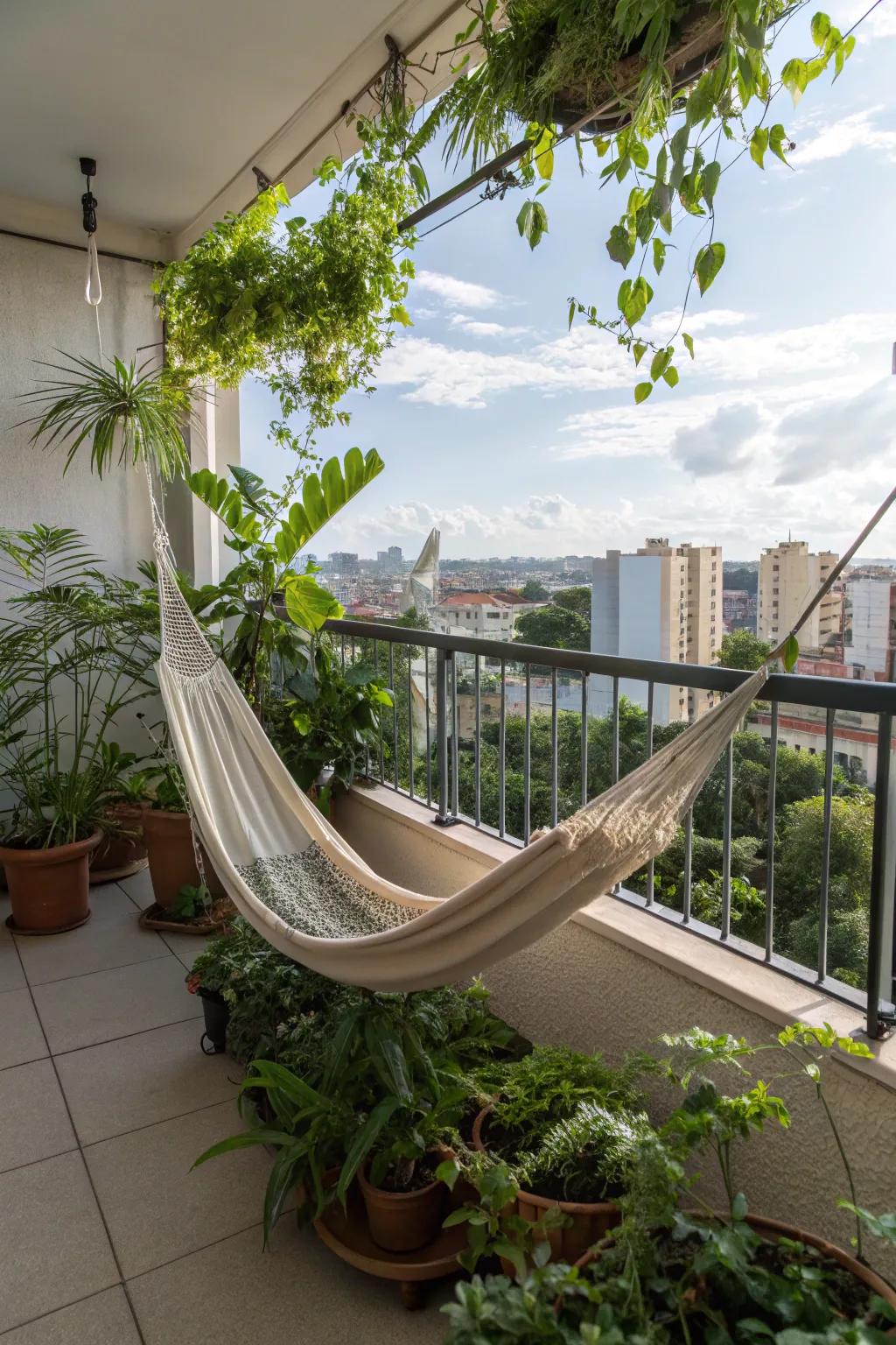 A hammock adds relaxation and leisure to apartment living.