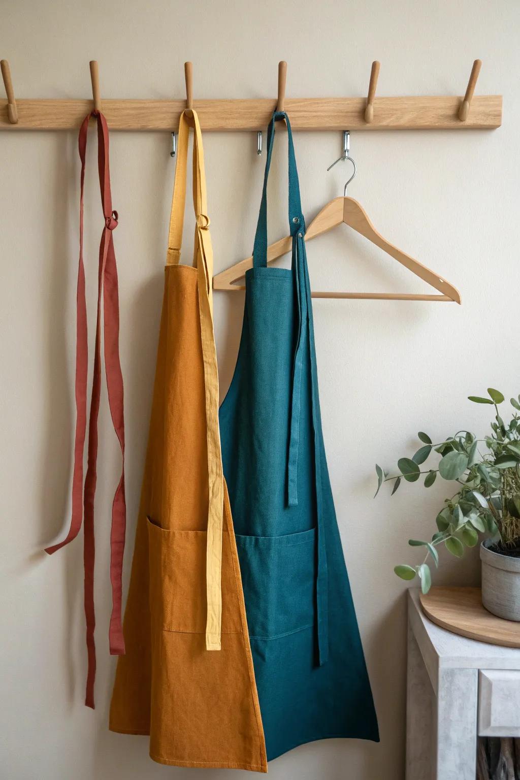 Add a splash of color and style to your kitchen with vibrant ribbon hangers for your aprons!