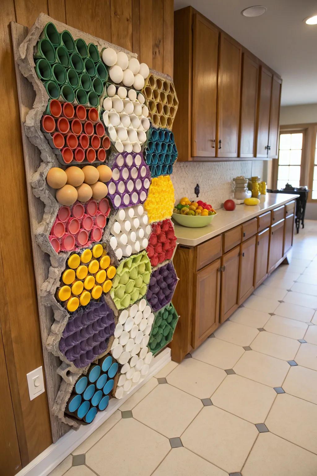 A vibrant piece of art made from repurposed egg trays, inspired by Kandinsky.