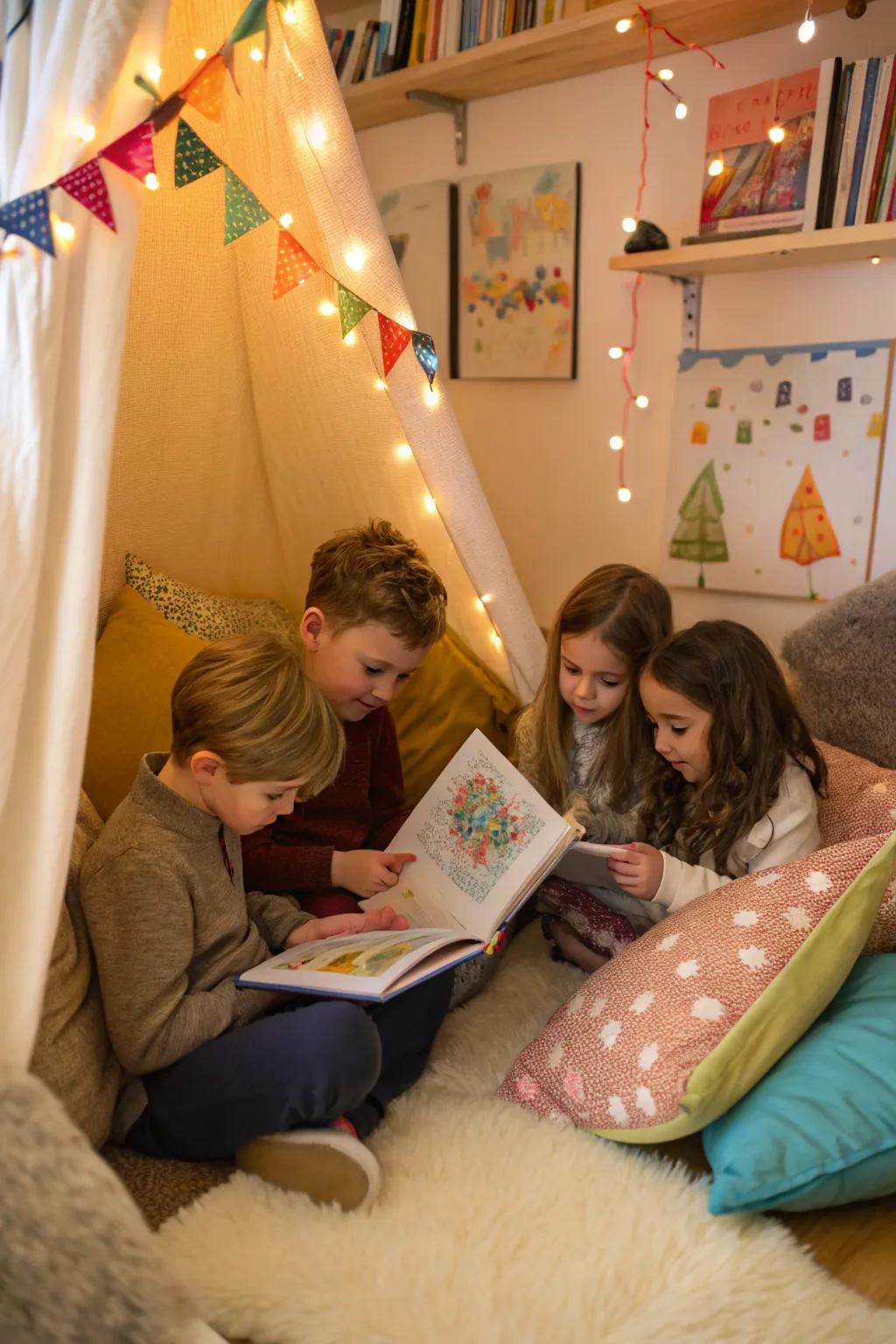 Young listeners captivated by an art-themed story, surrounded by a comfortable and inviting setting.