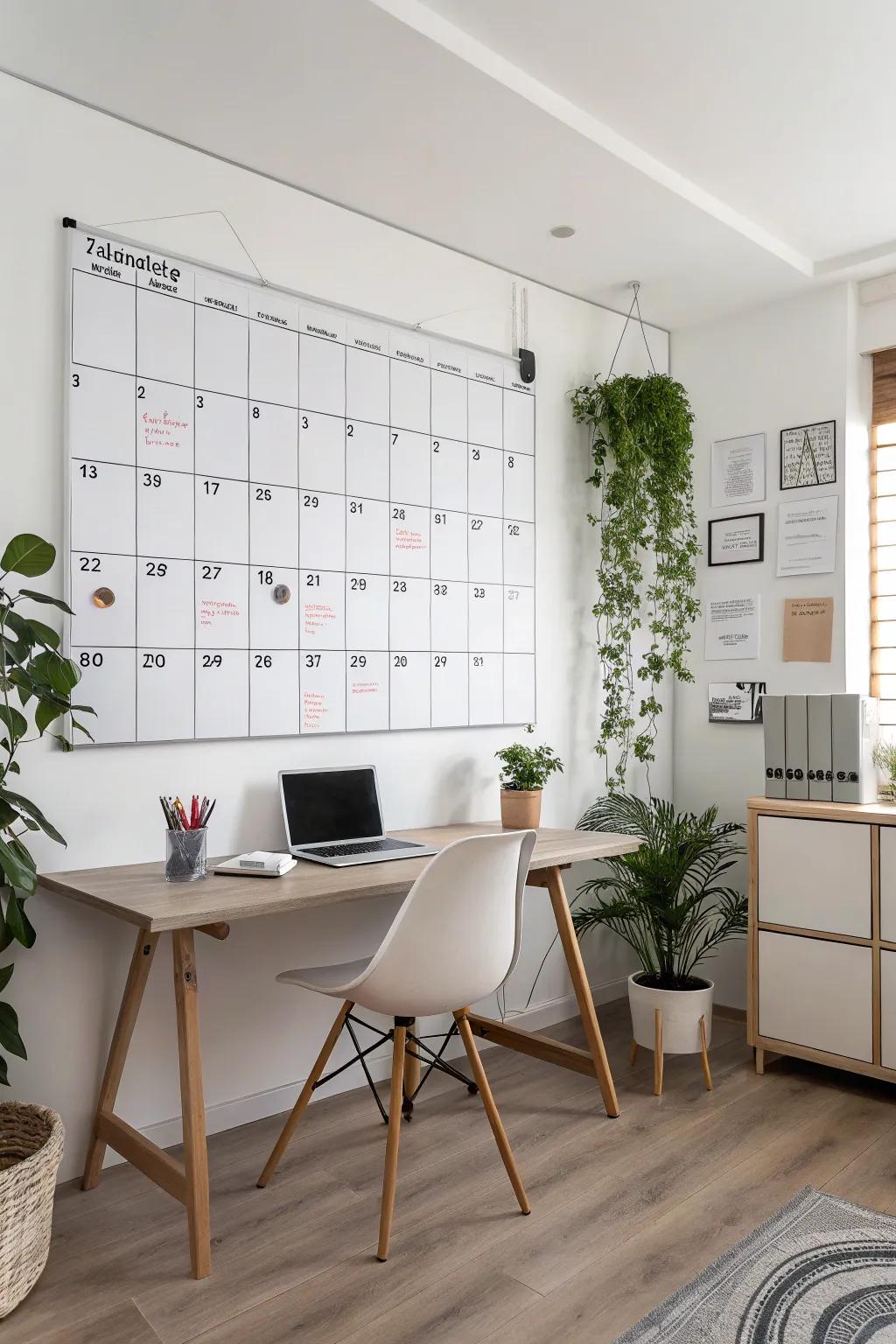 A whiteboard wall offers expansive space for comprehensive scheduling.