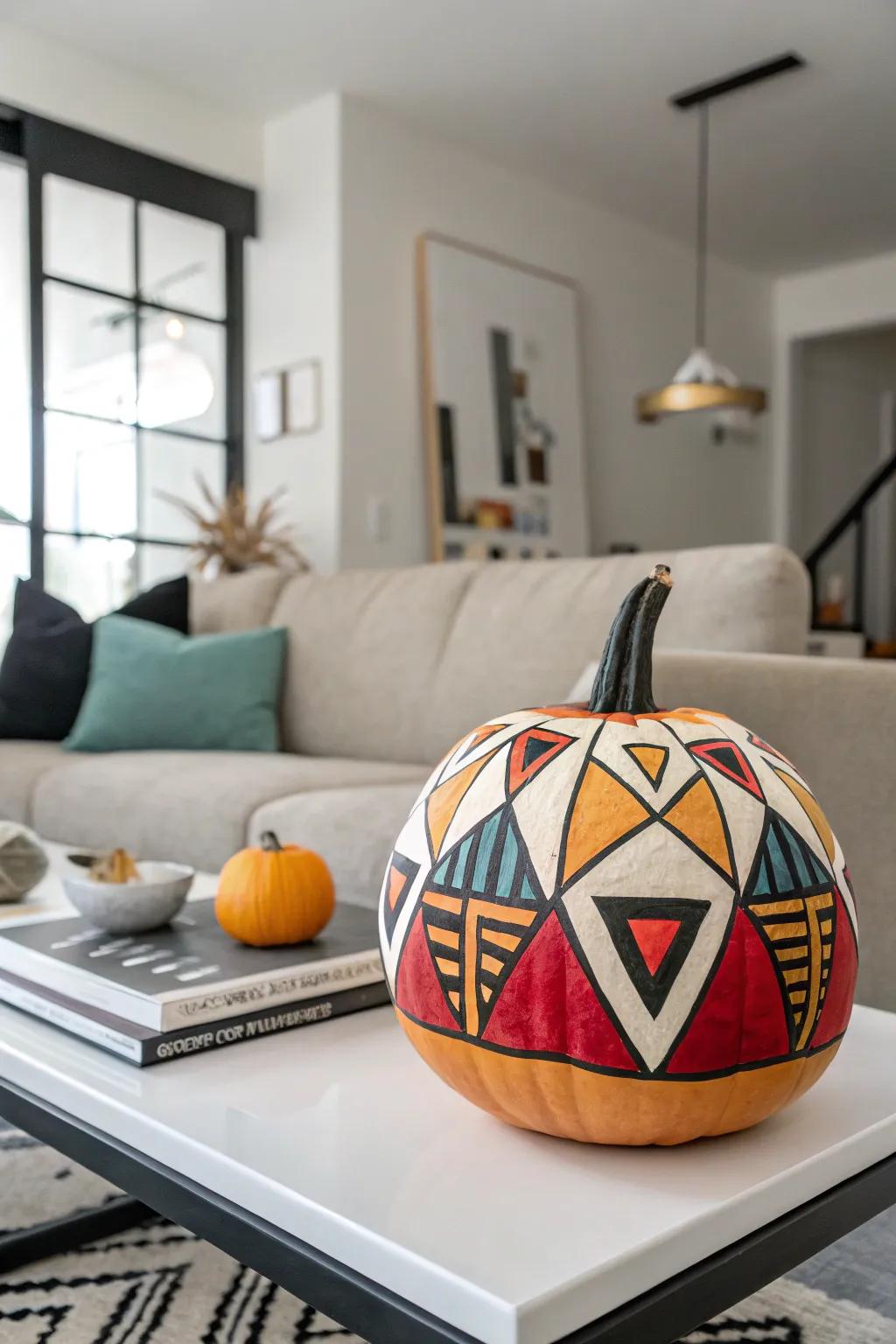 A pumpkin with geometric patterns offering a modern and stylish touch.