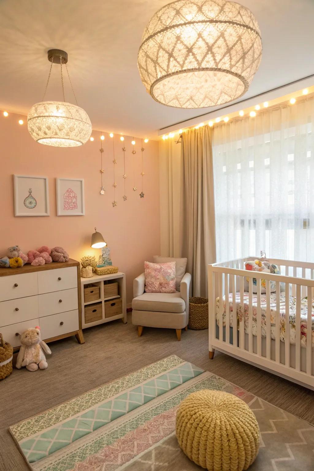 Light-reflecting fixtures brighten the nursery and enhance its openness.