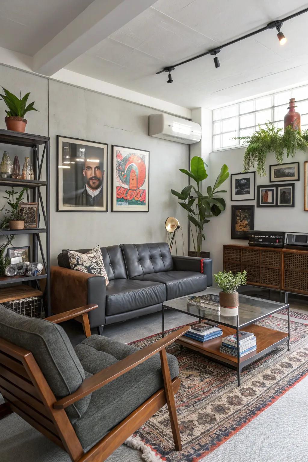 Mixing modern and vintage pieces adds character to your bachelor pad