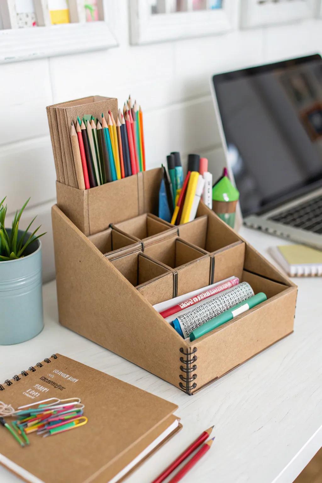 Keep your desk tidy with a cardboard box organizer.