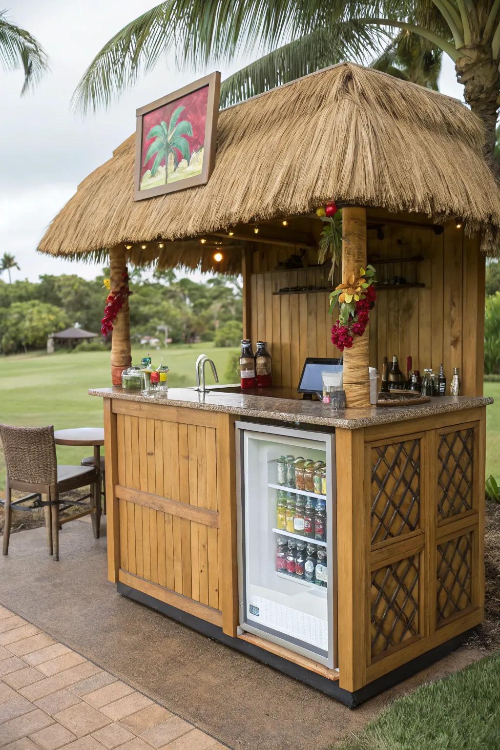 Keep refreshments cool with a mini fridge in your tiki hut.