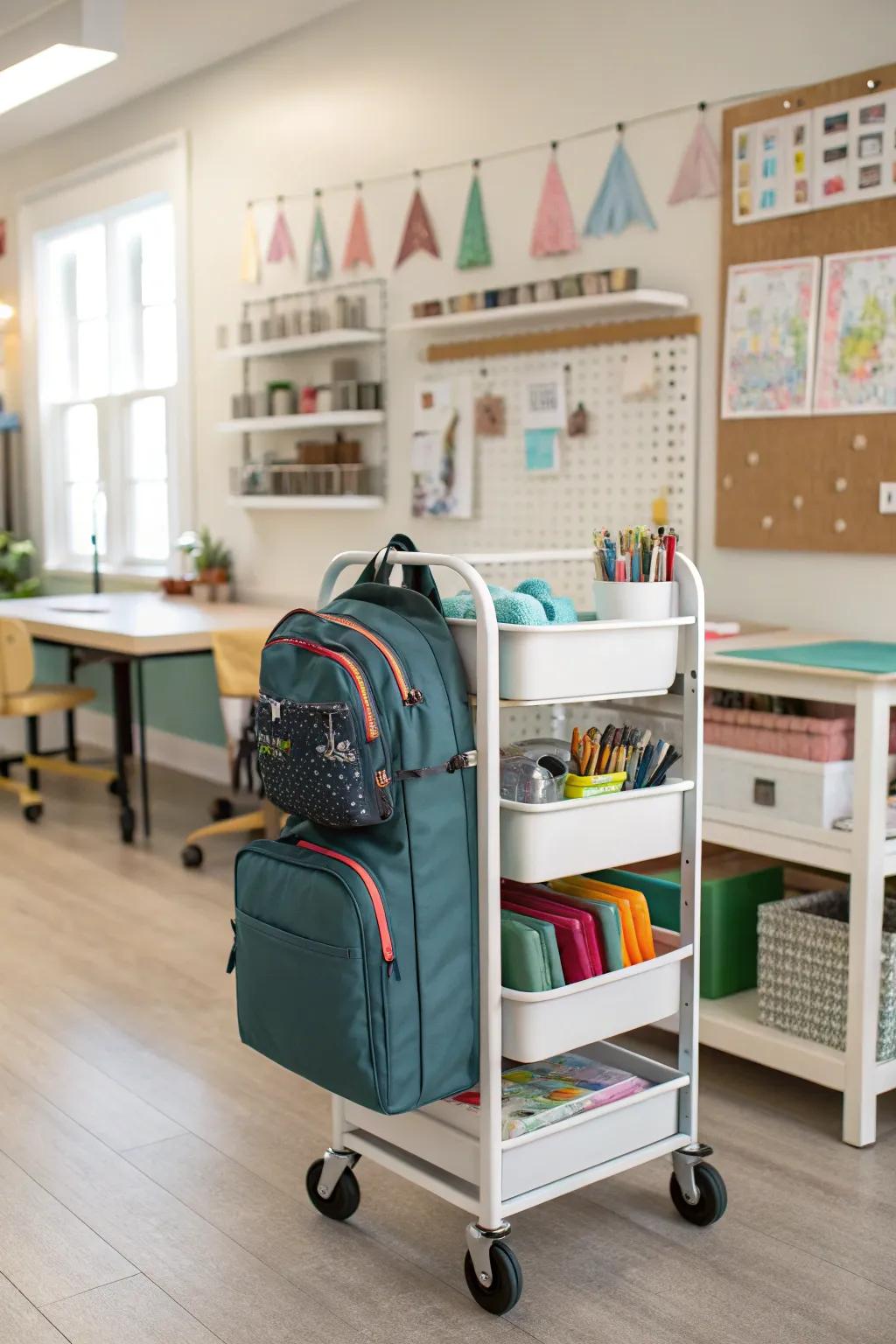 A trolley cart offers flexible and mobile backpack storage.