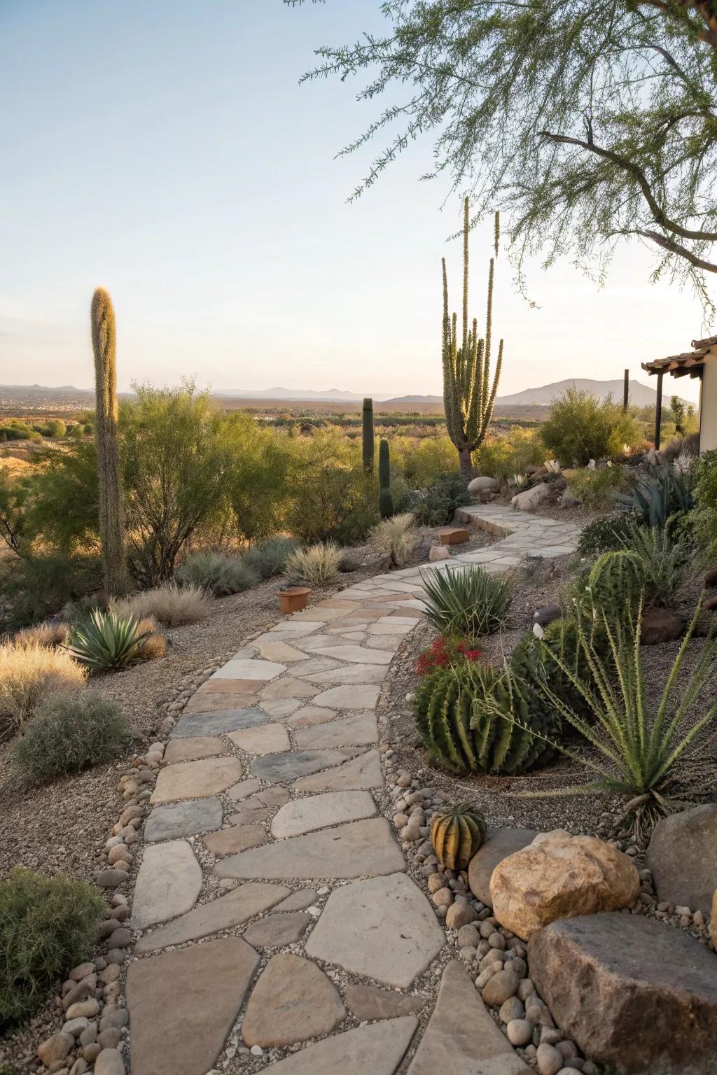 Textured hardscaping adds depth and practicality to a desert backyard.