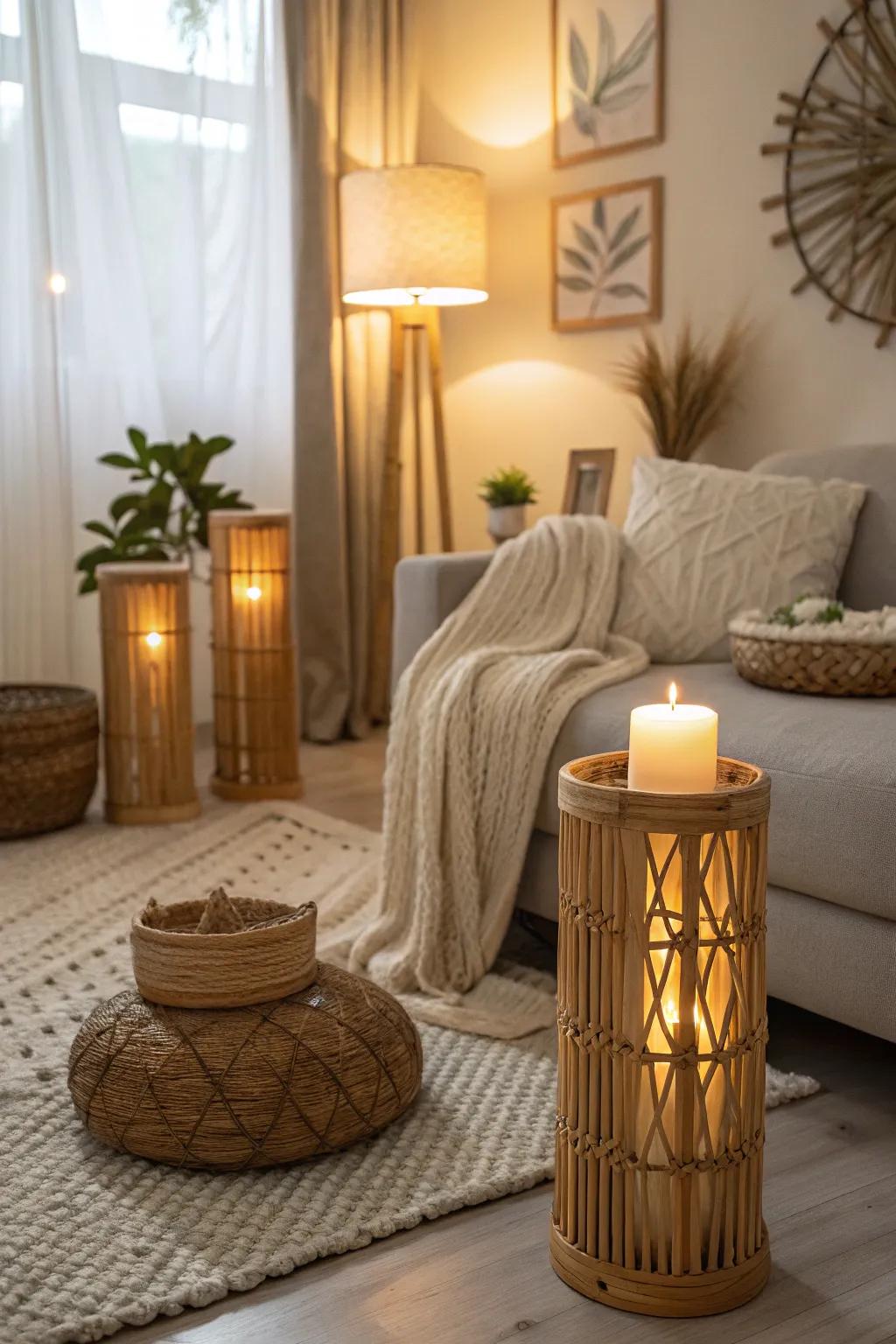 Bamboo candle holders add a cozy glow to your decor.