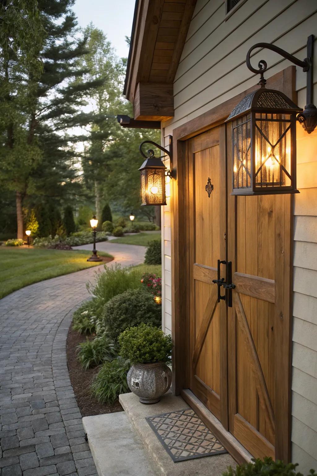 Barn-style lanterns provide a welcoming glow to entryways.