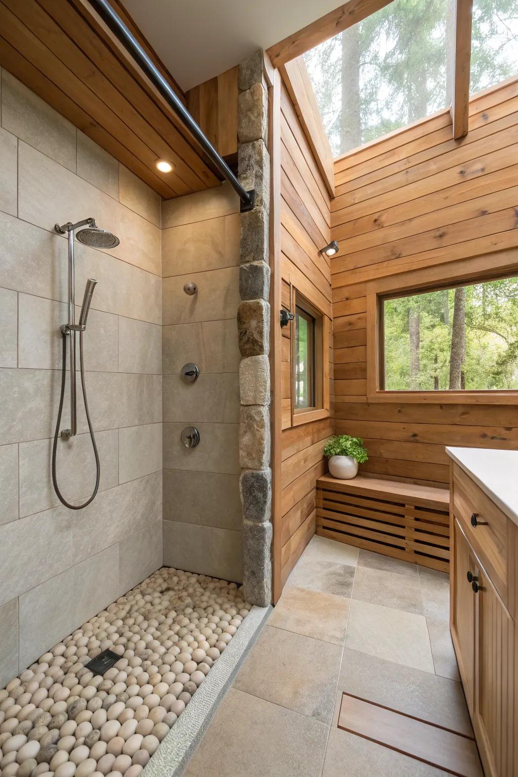 Natural materials add warmth and texture to the shower space.