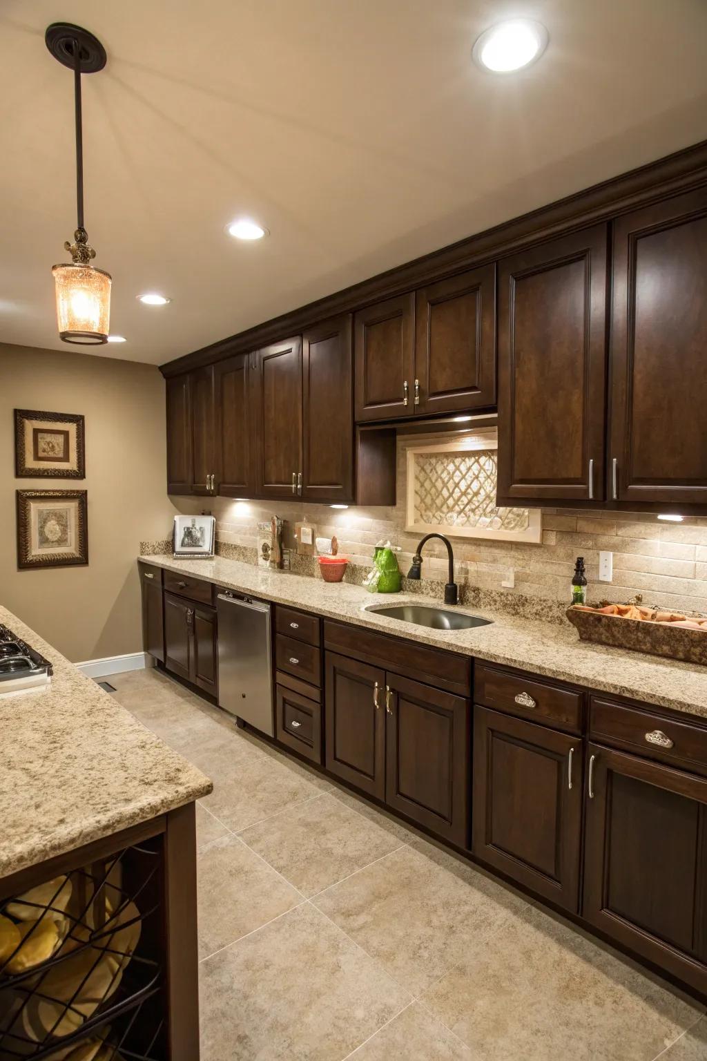 Mixing light and dark finishes adds depth and interest to a basement kitchen.