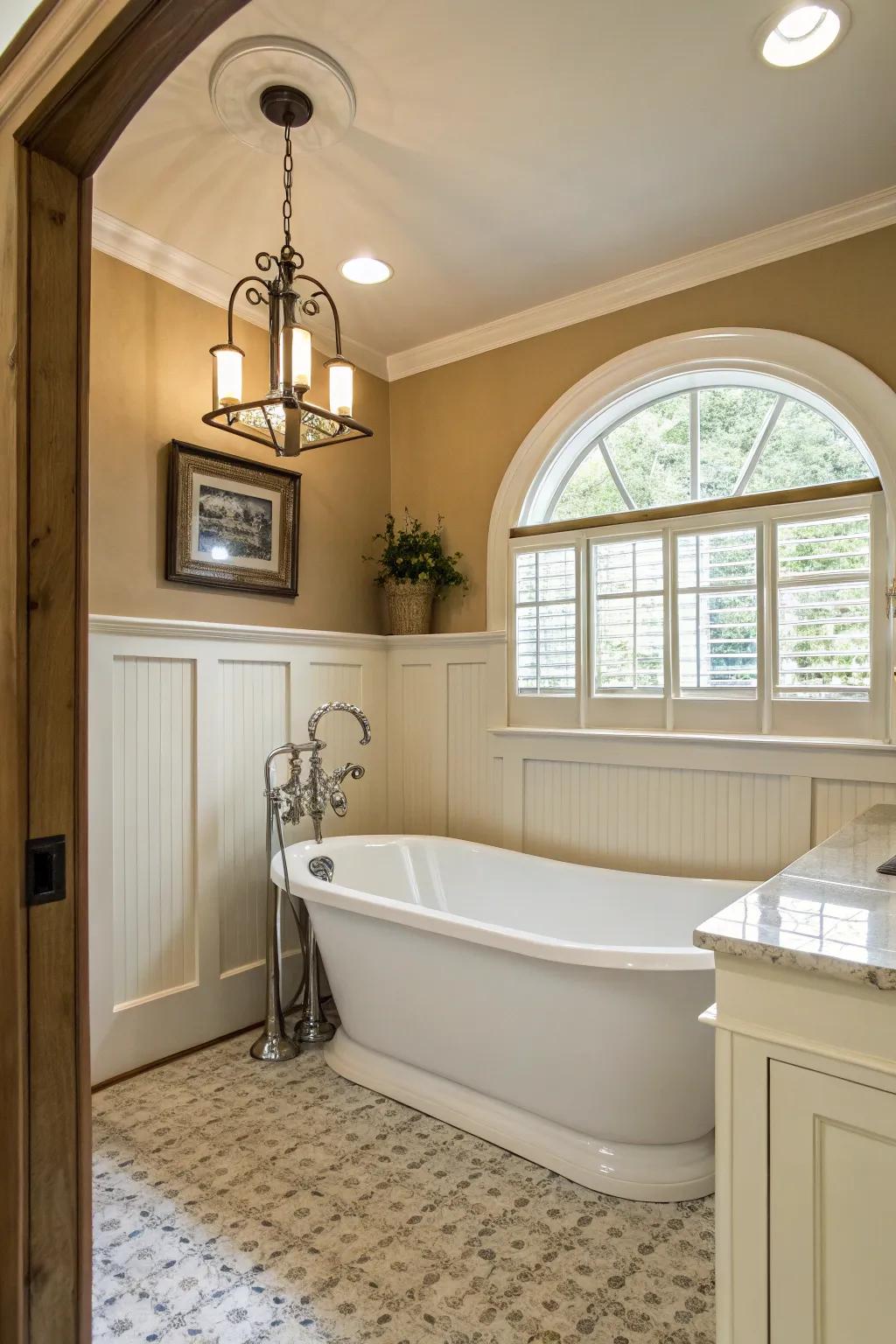 A wainscoted alcove with a freestanding tub offers timeless elegance.