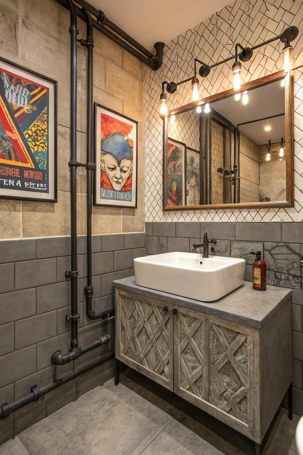 Cement-look tiles give an industrial chic aesthetic.