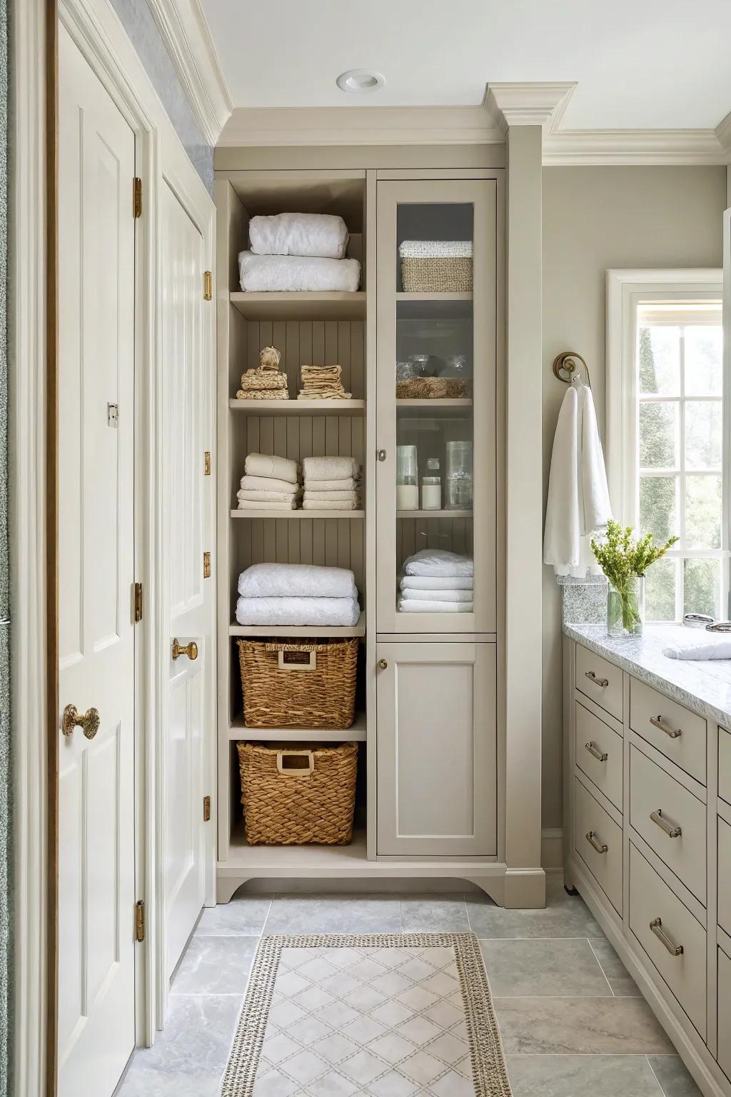 A cohesive color scheme ties your bathroom closet into the room's decor.