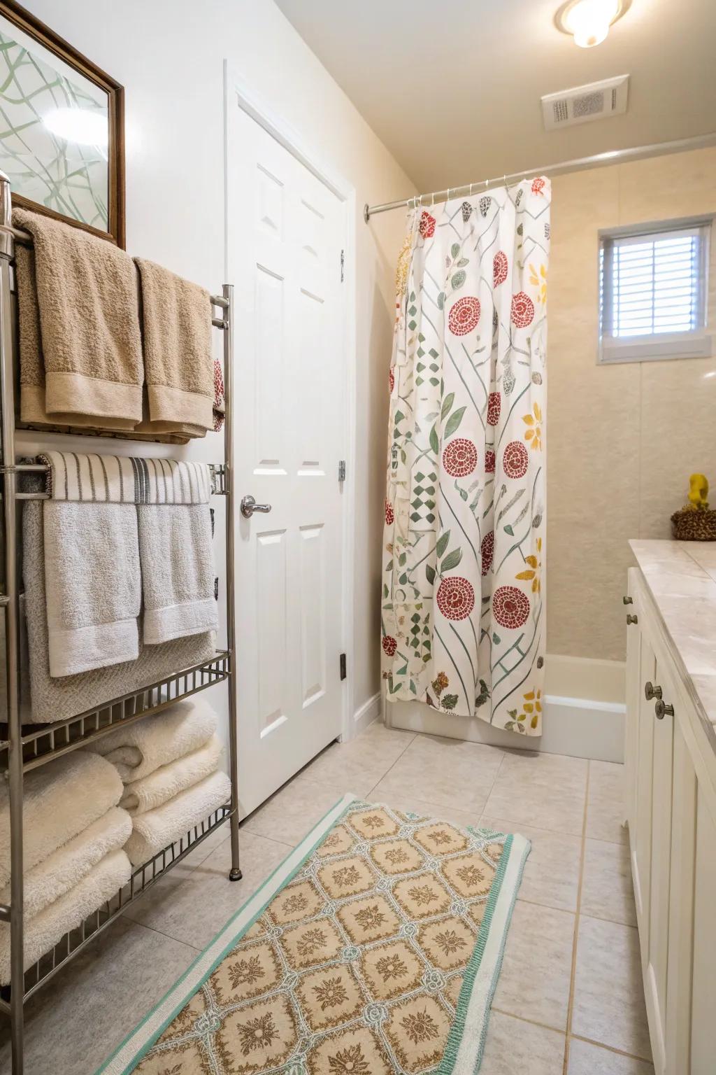 A bathroom enhanced with textiles adding warmth and texture.