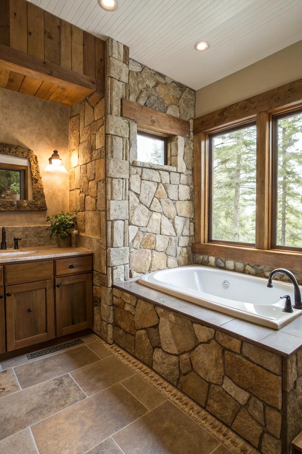 Textures like stone and wood add depth and natural beauty to the bathroom.