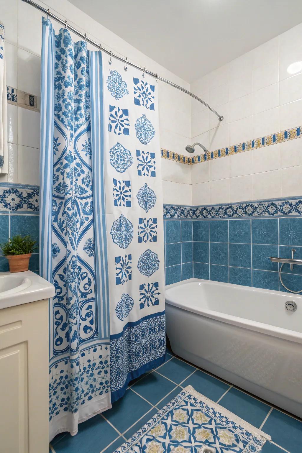 Blue tones create a calming and classic bathroom space.