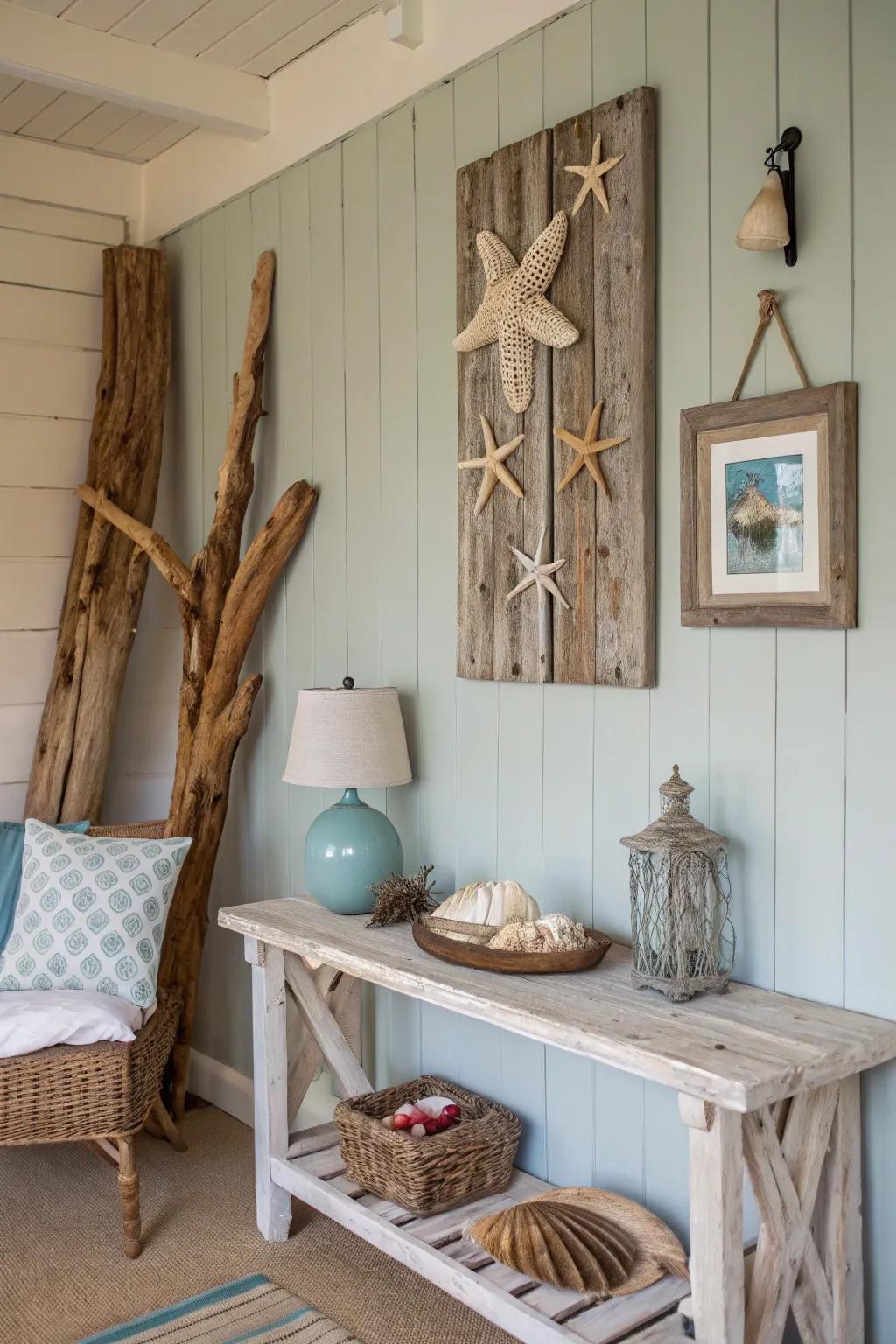 Driftwood decor adds rustic charm to this beach house interior.