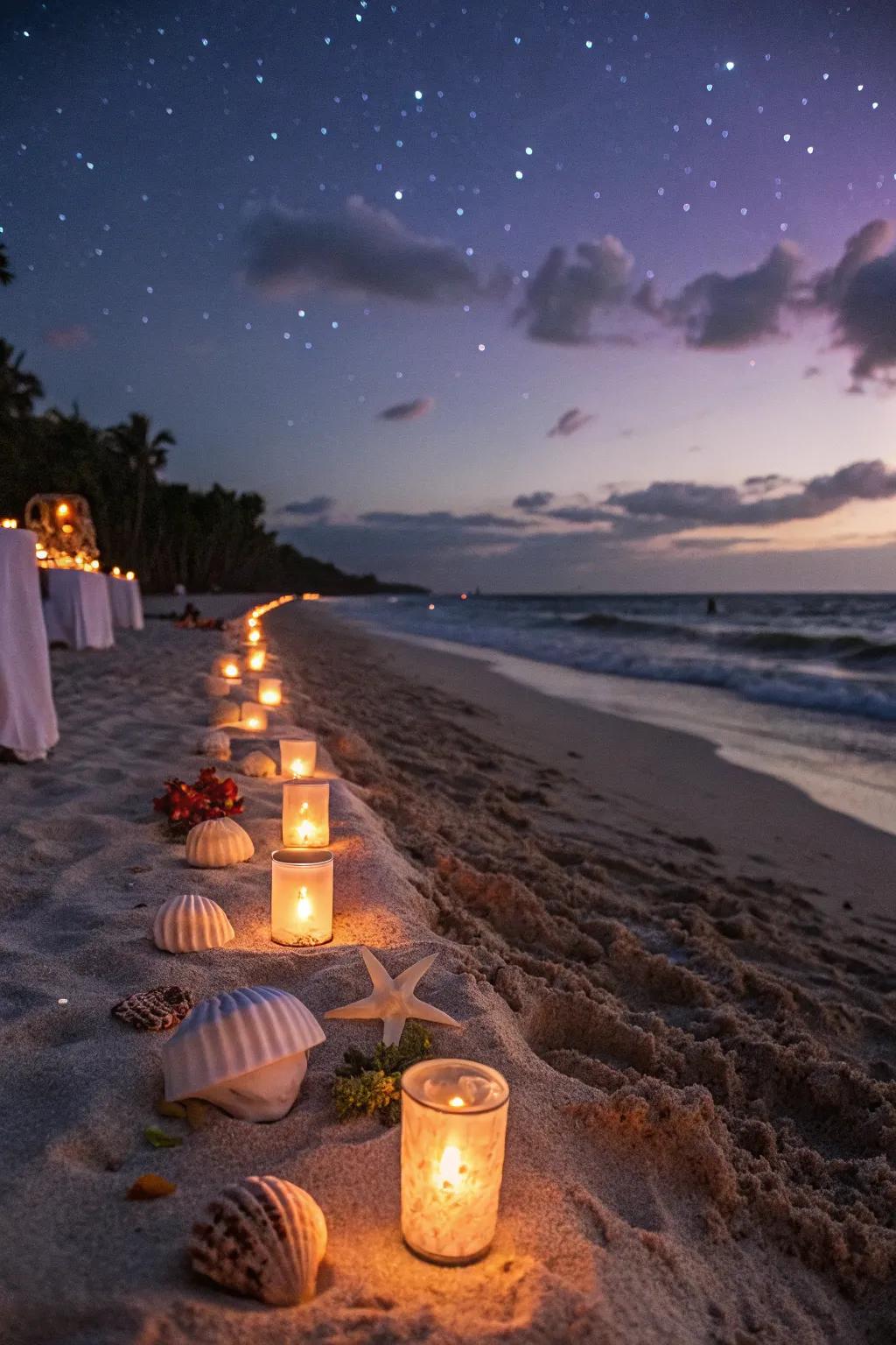 Elegant shell candles adding a romantic touch with their gentle glow.