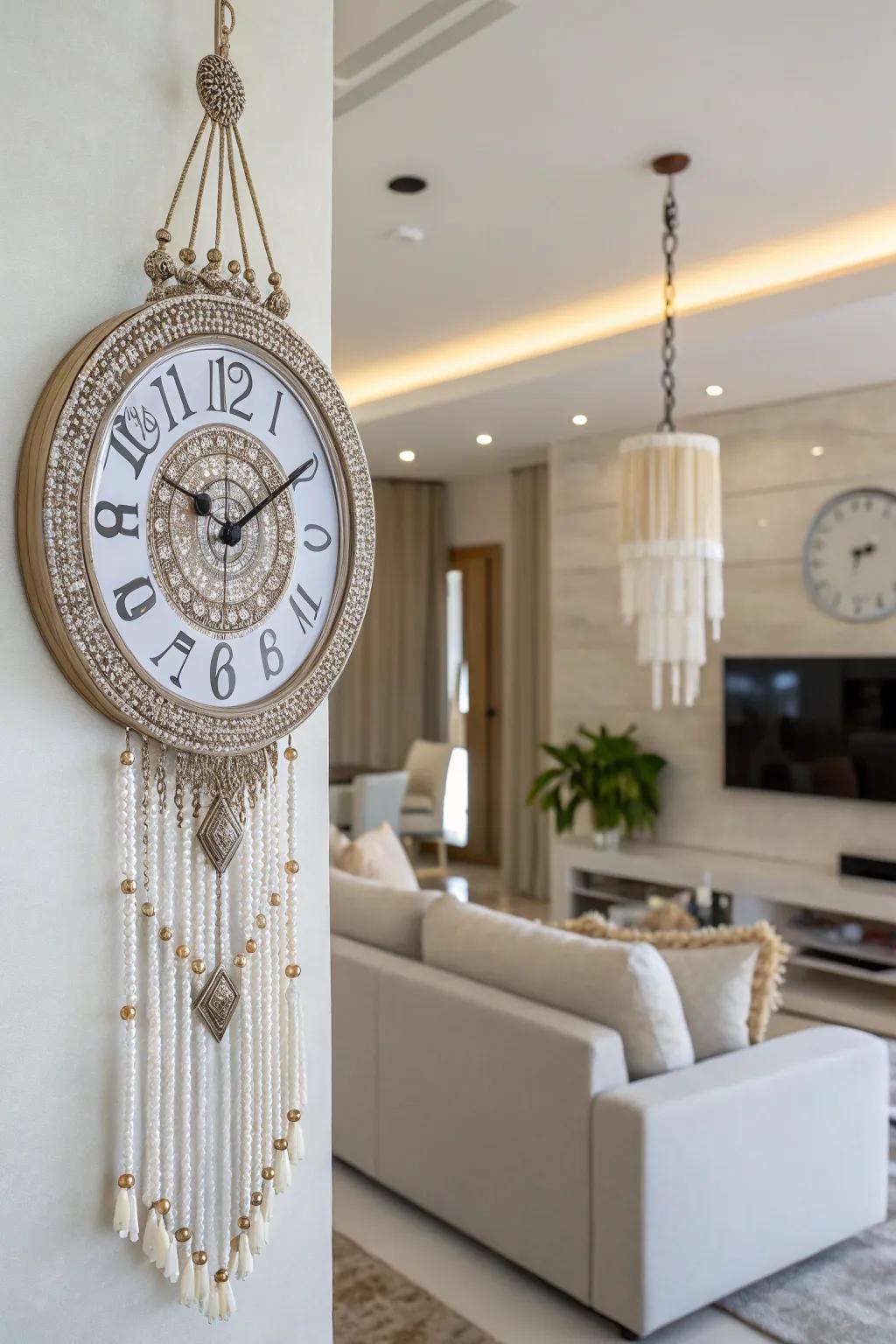 A beaded wall clock adding a unique touch to timekeeping.