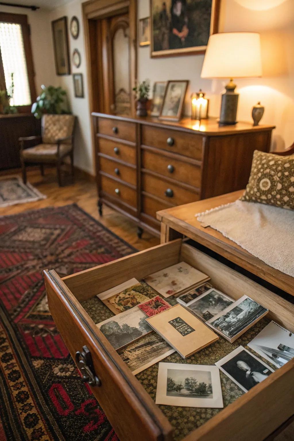 A thrifted drawer bed, blending antique charm with modern comfort.