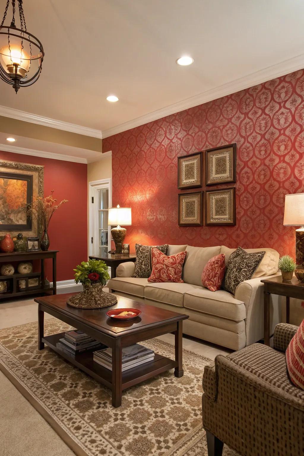 An accent wall provides a striking backdrop in this stylish living room.