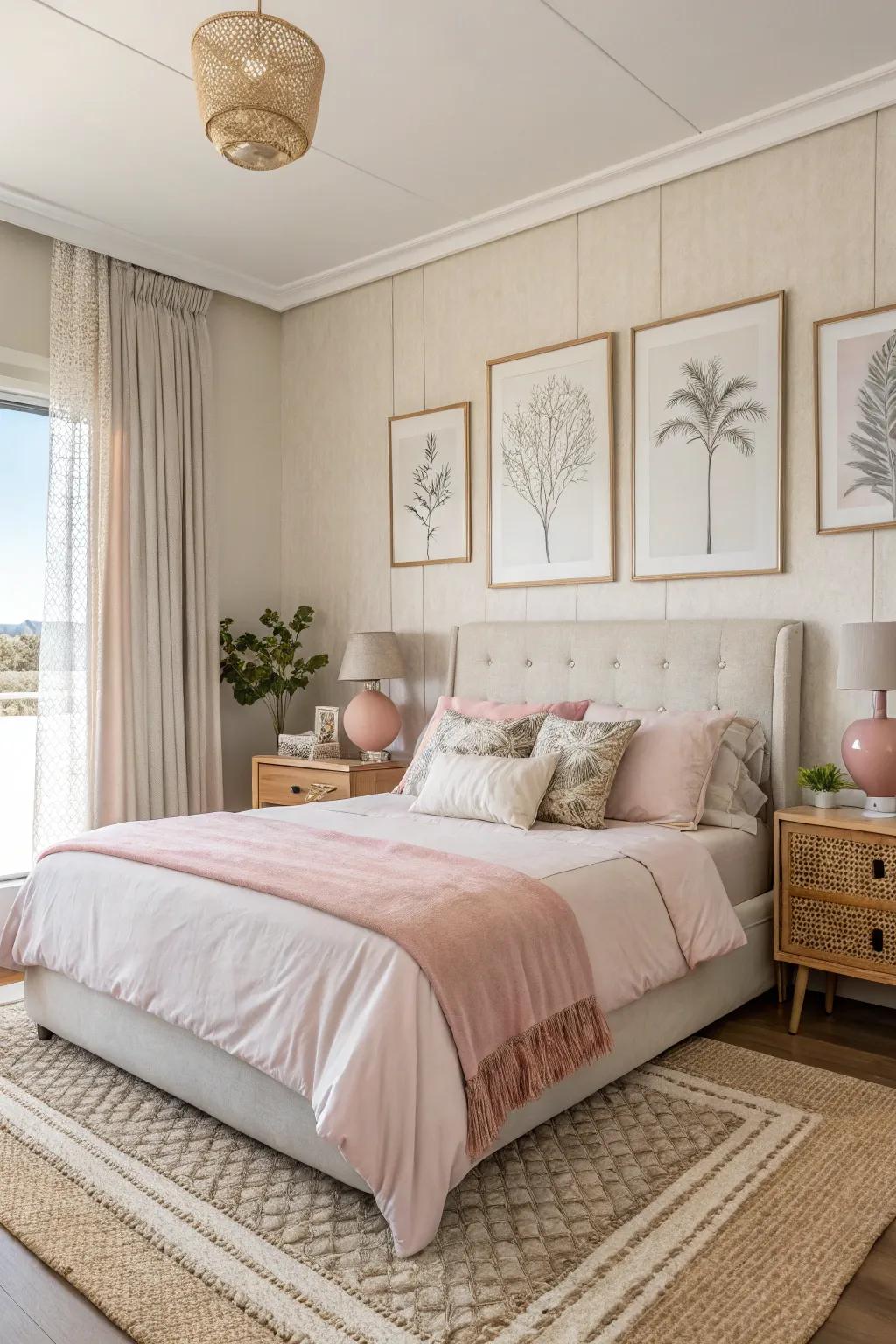 A peaceful bedroom with a neutral canvas backdrop.