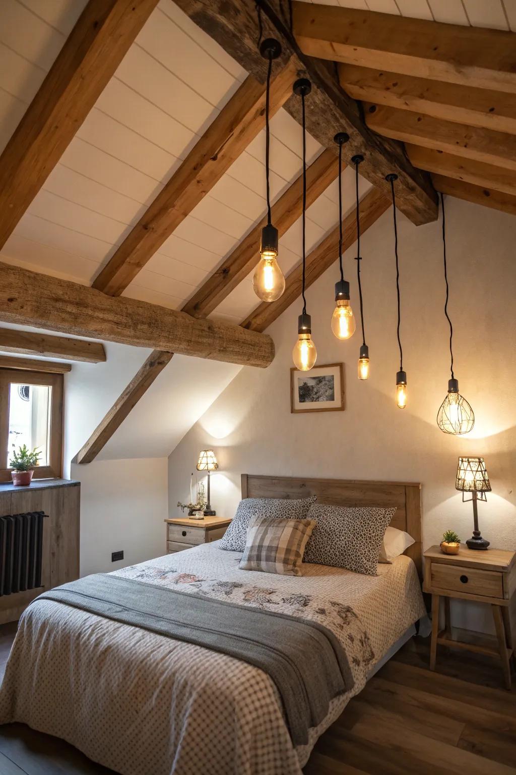 Rustic charm is achieved through wooden beams and Edison bulbs.