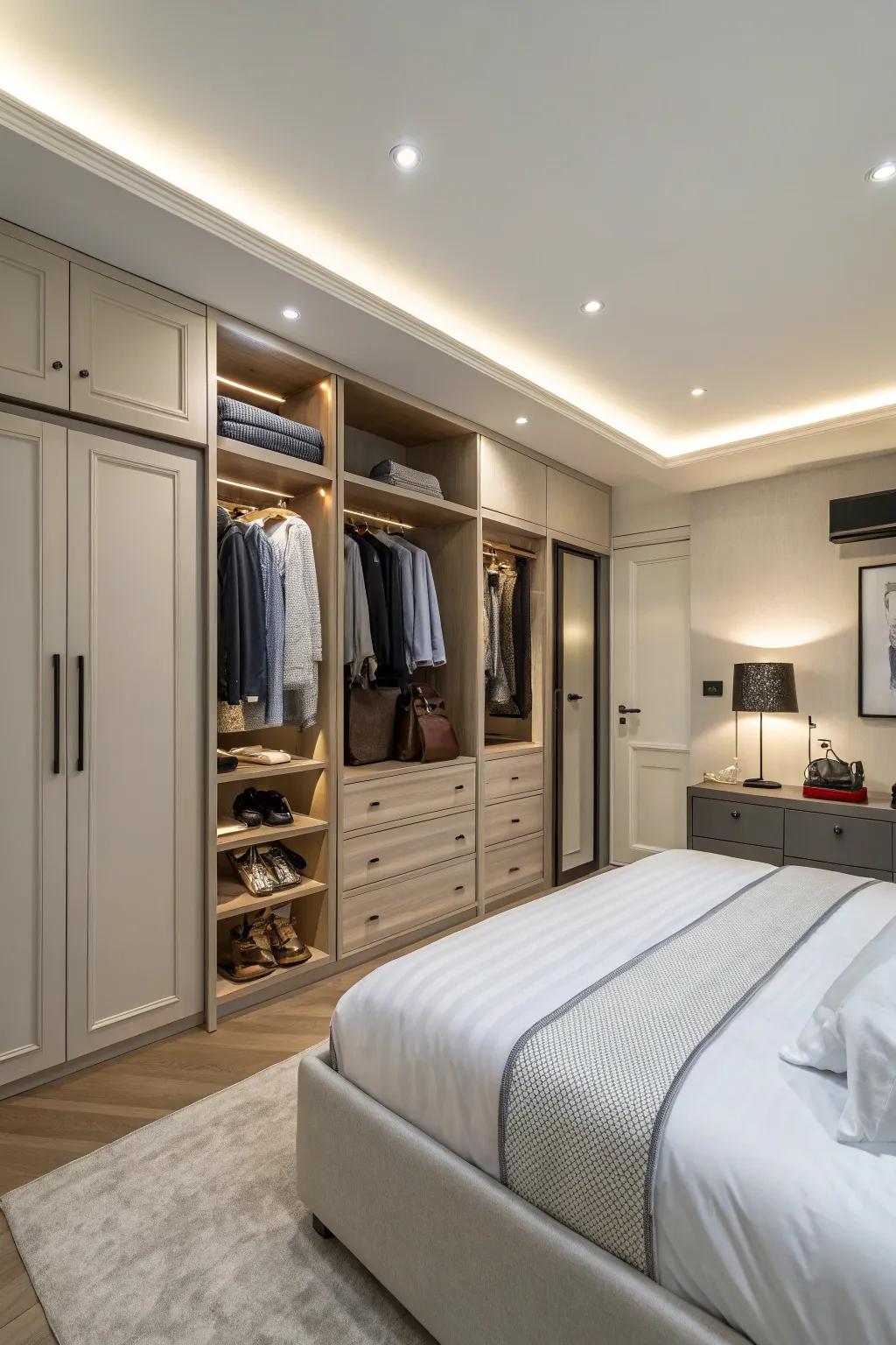 Built-in storage solutions create a seamless and functional bedroom.