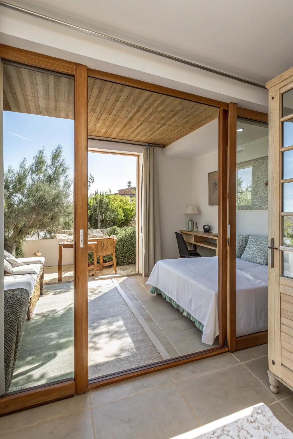 Mirrored patio doors create an illusion of space, reflecting light to brighten up your bedroom.