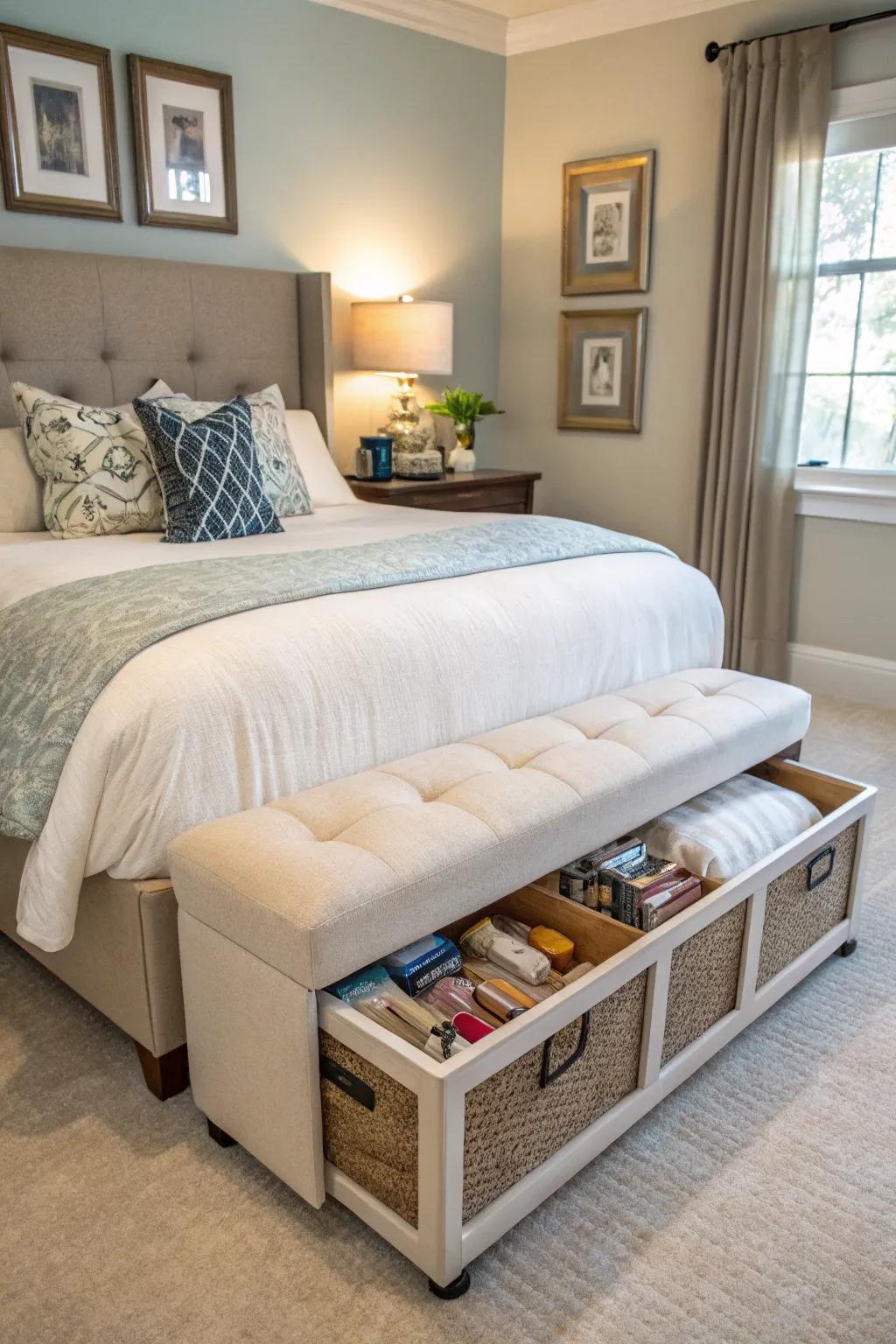 Convertible storage benches provide seating and hidden storage in the bedroom.