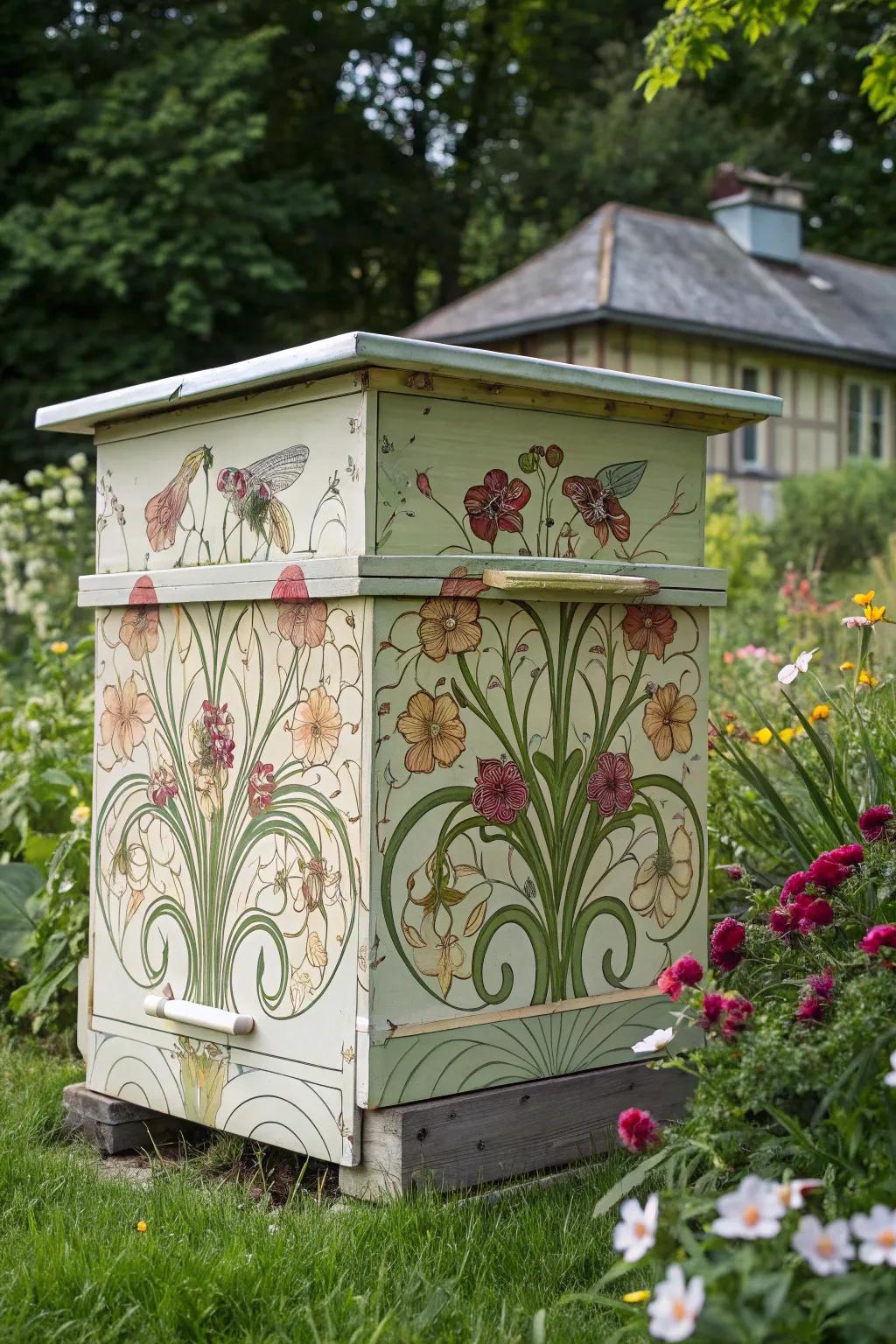 An Art Nouveau-themed bee hive with elegant and flowing floral designs.