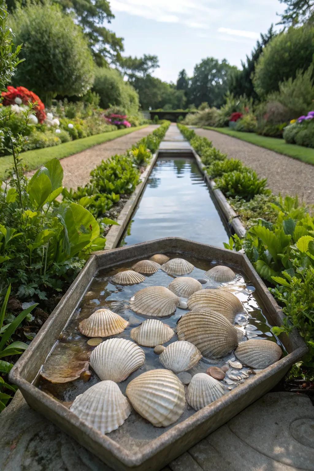 A seaside-inspired bee watering station using large seashells.