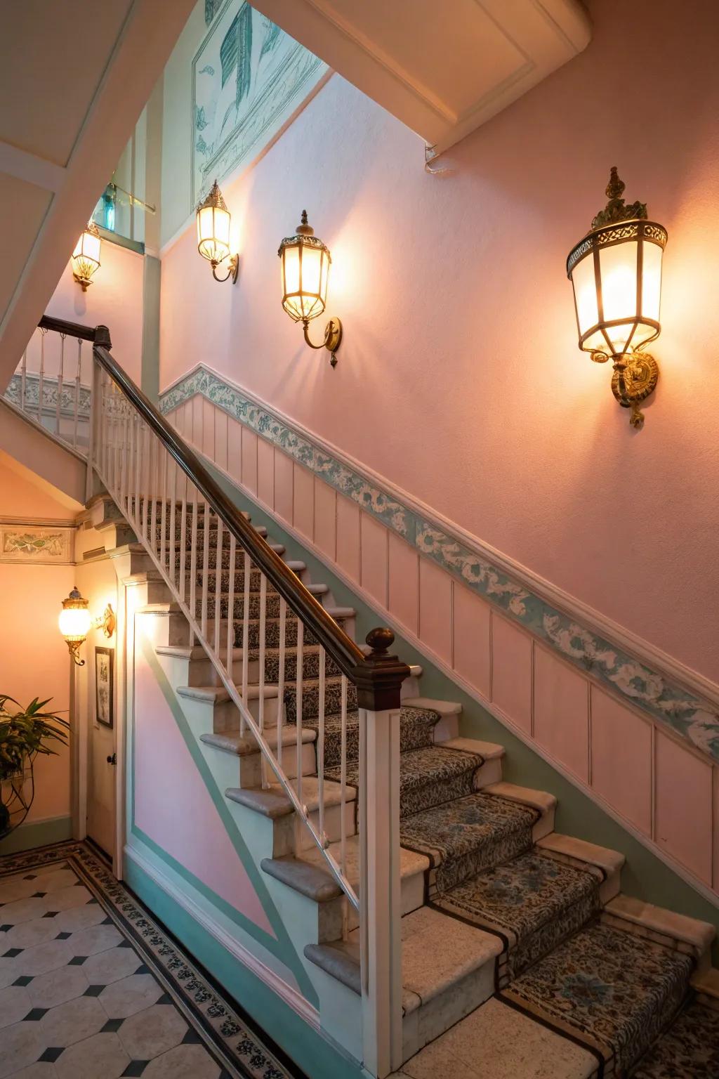 Pastel sconces add a soft, calming touch to staircases.