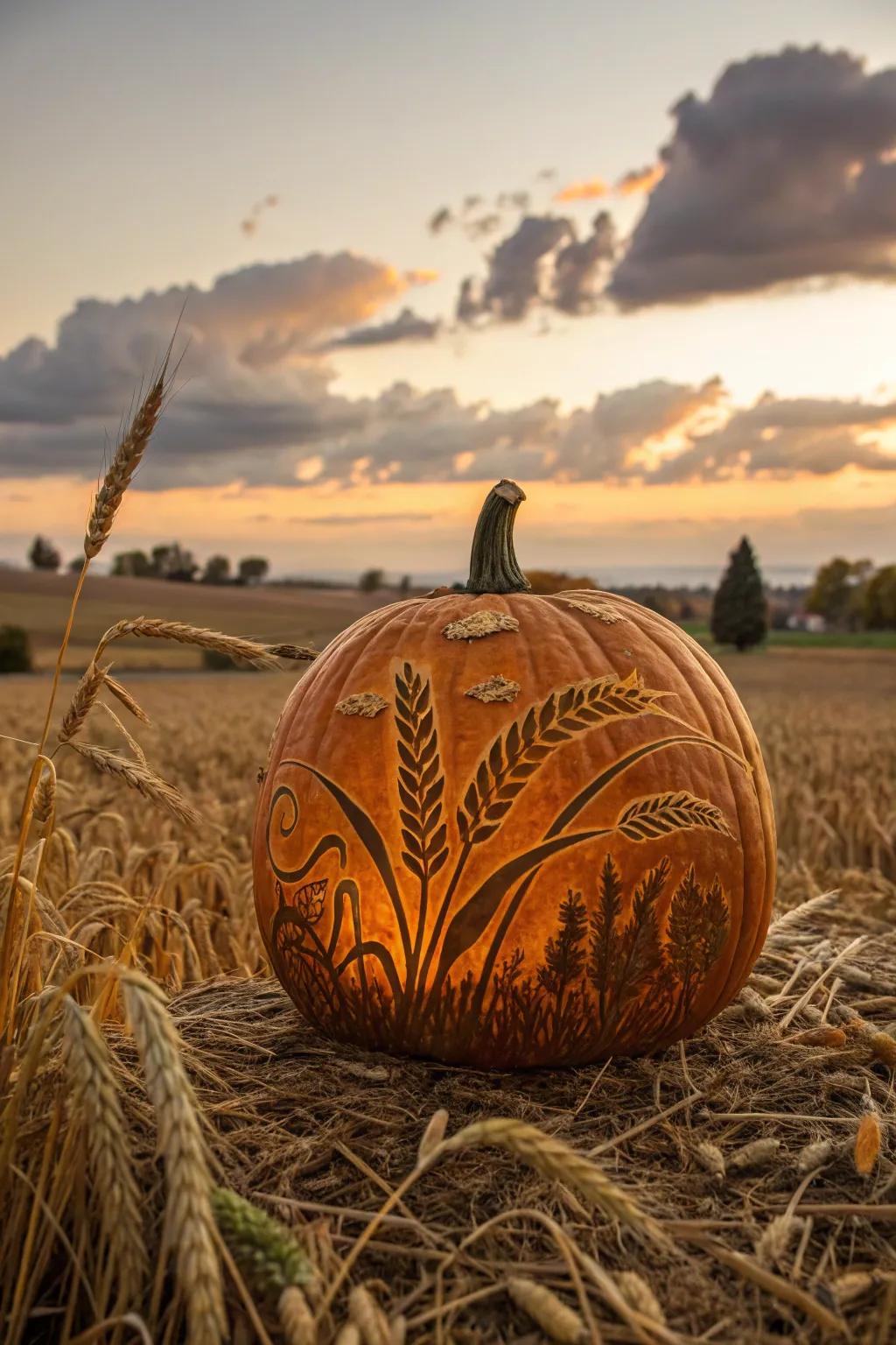 Celebrate the harvest with a beautifully carved wheat field pumpkin.