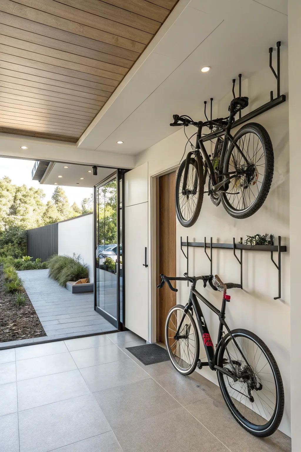 Combine bike storage with gear organization using a shelf with hooks.