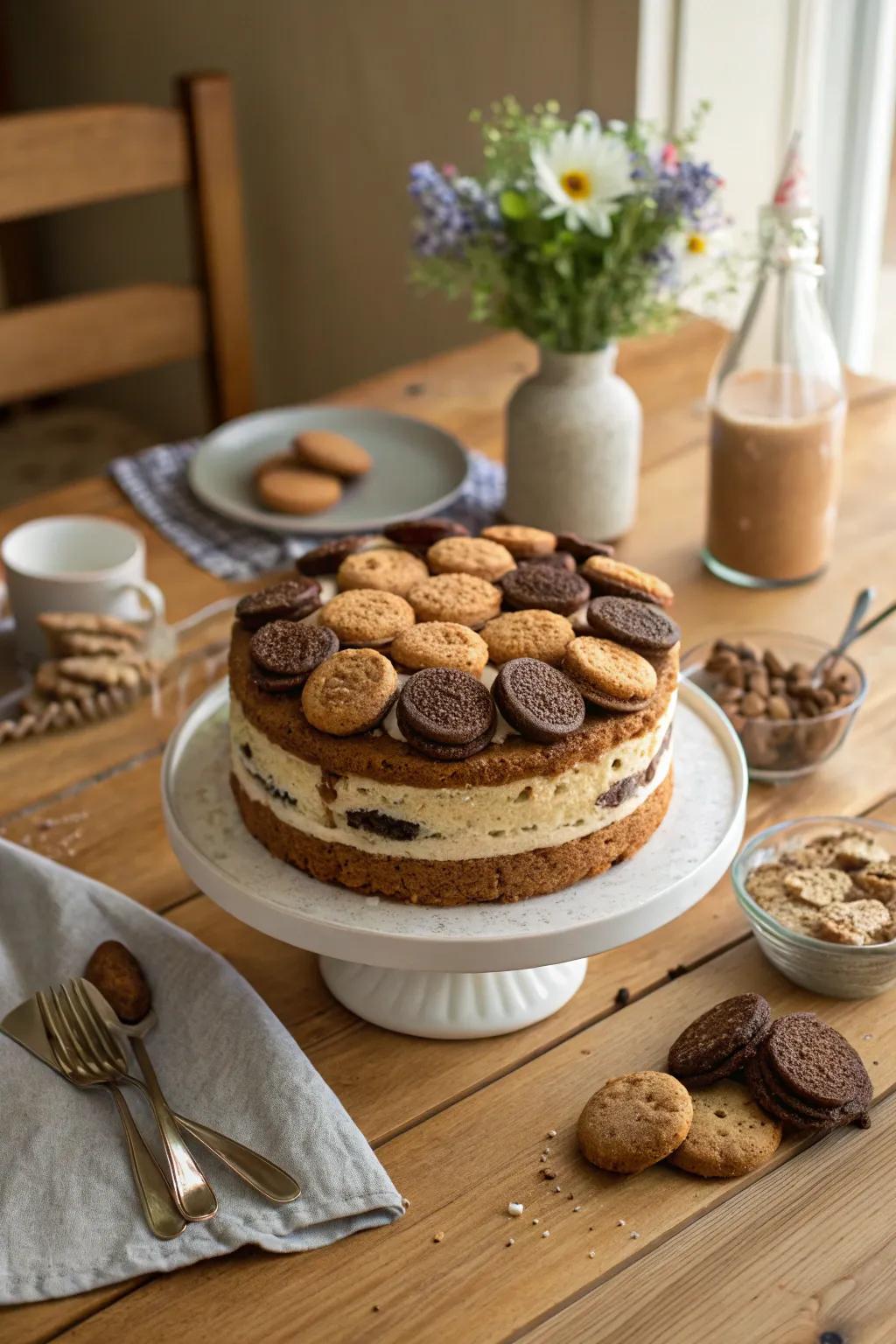 A cake covered with cookies, adding a delightful crunch to each bite.