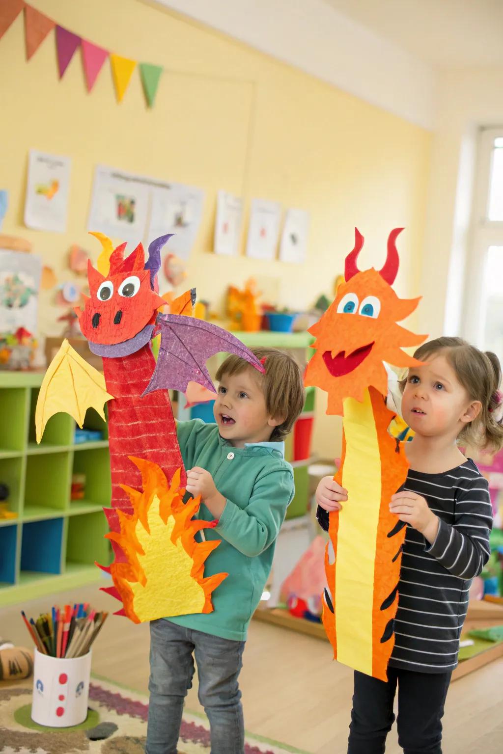 Fiery dragons ready for imaginative adventures, crafted from simple materials.