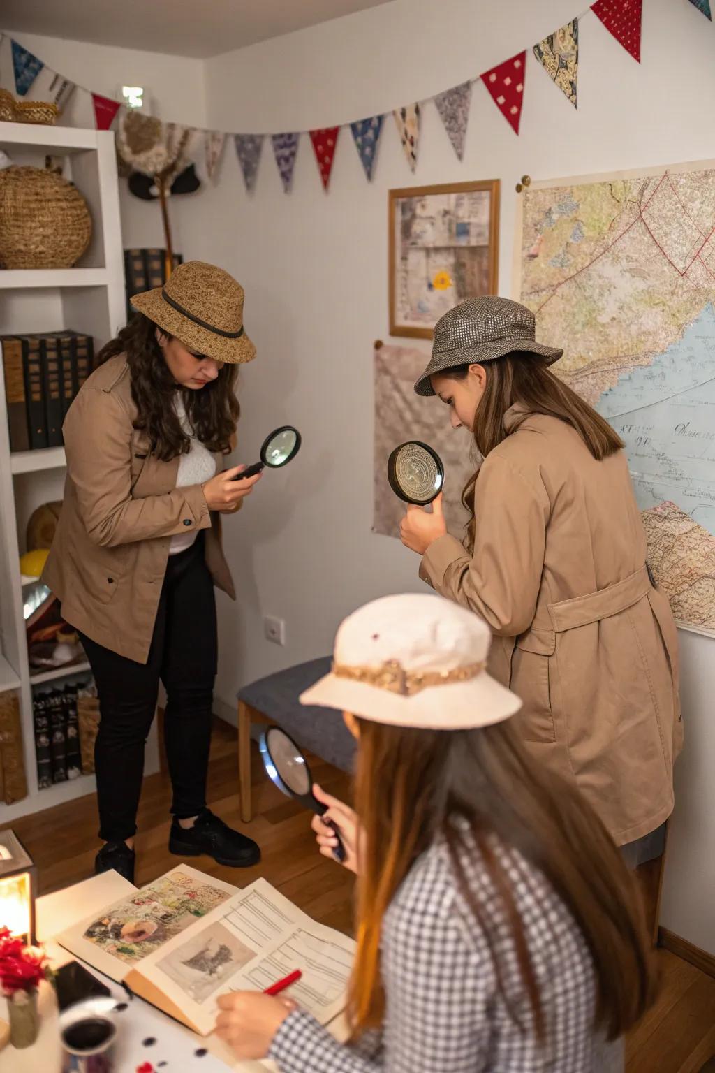 A mystery detective party with magnifying glasses and clues.