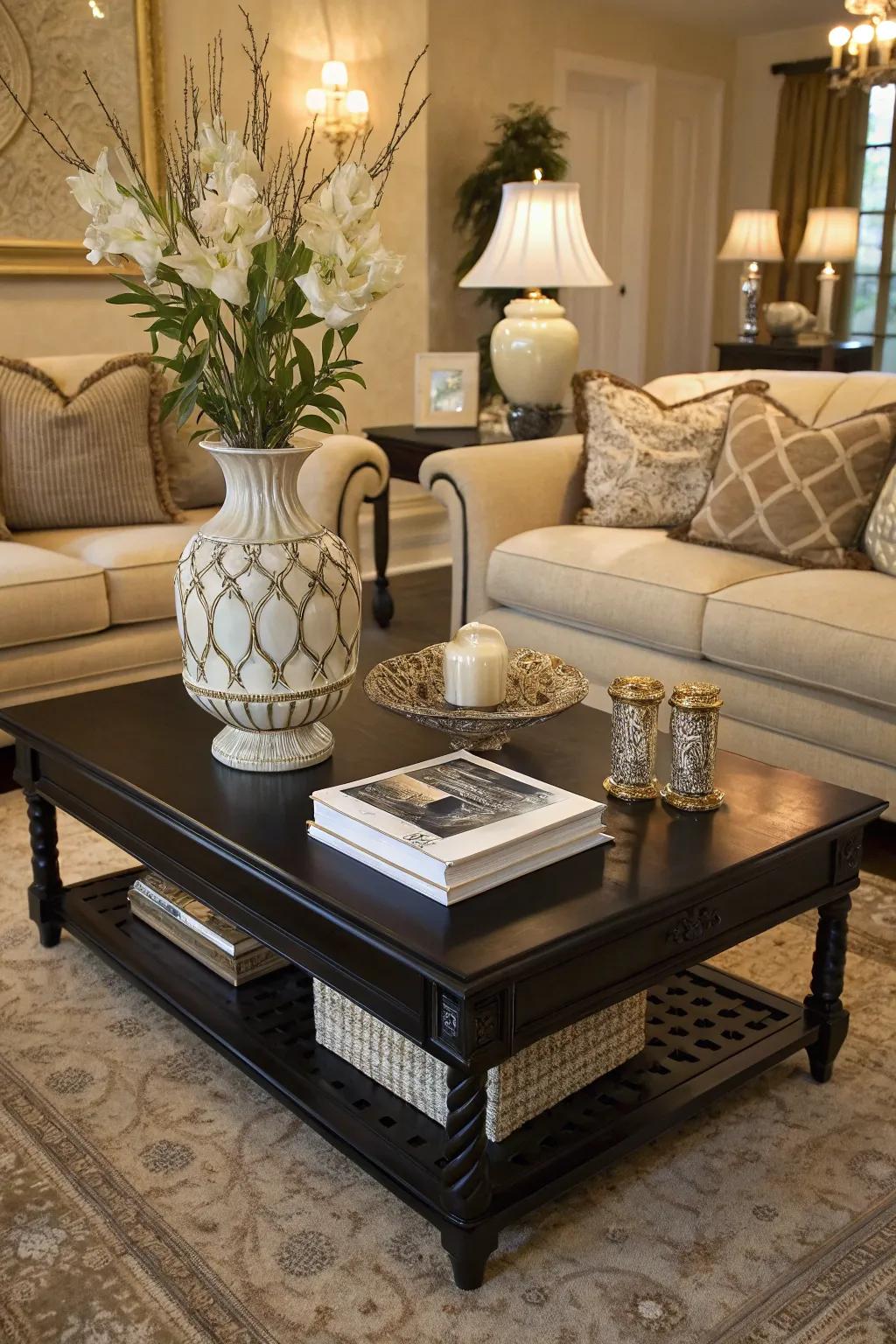 A black coffee table anchors the room beautifully.